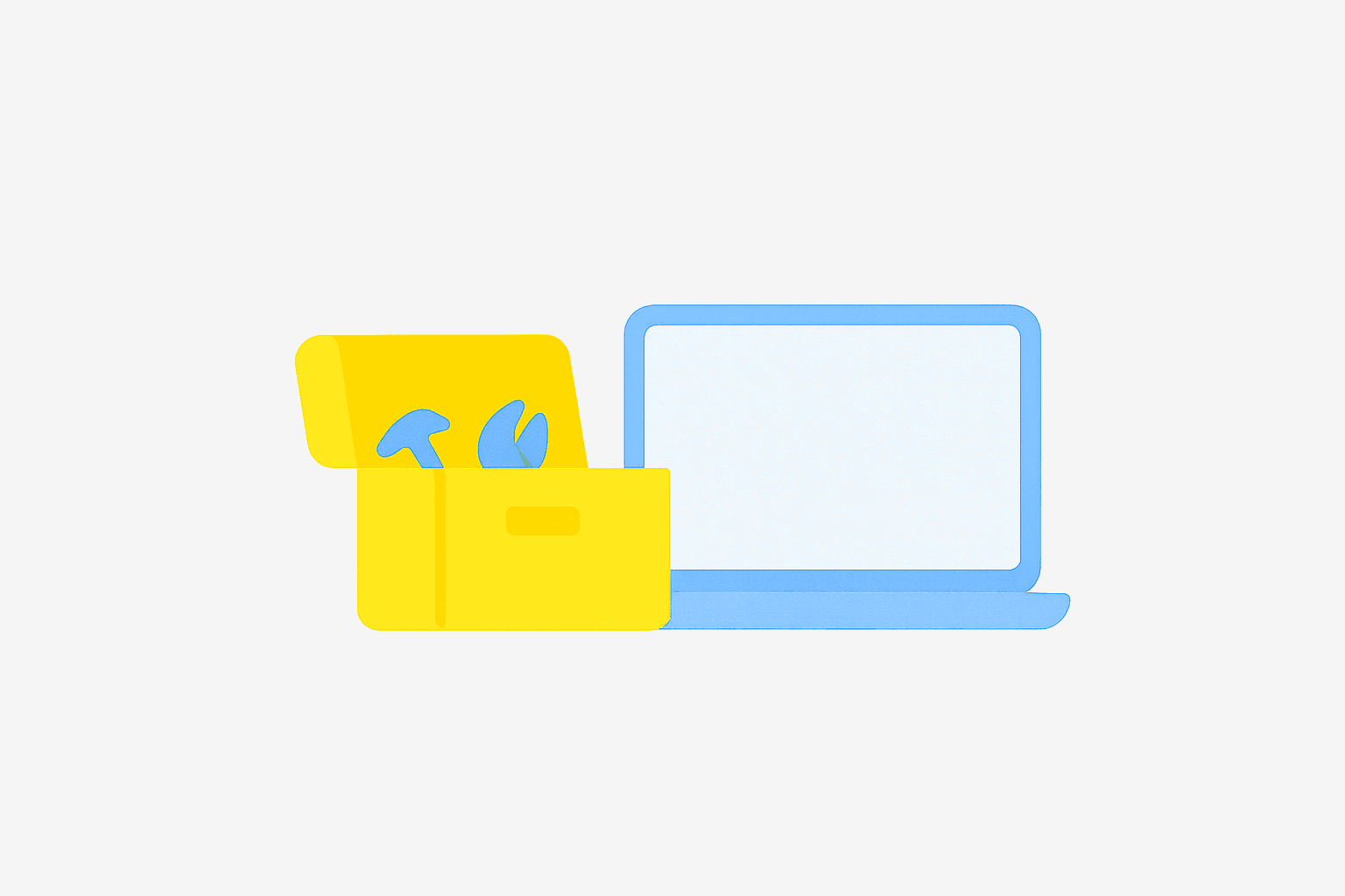 Open toolbox with hammer and pliers beside a laptop