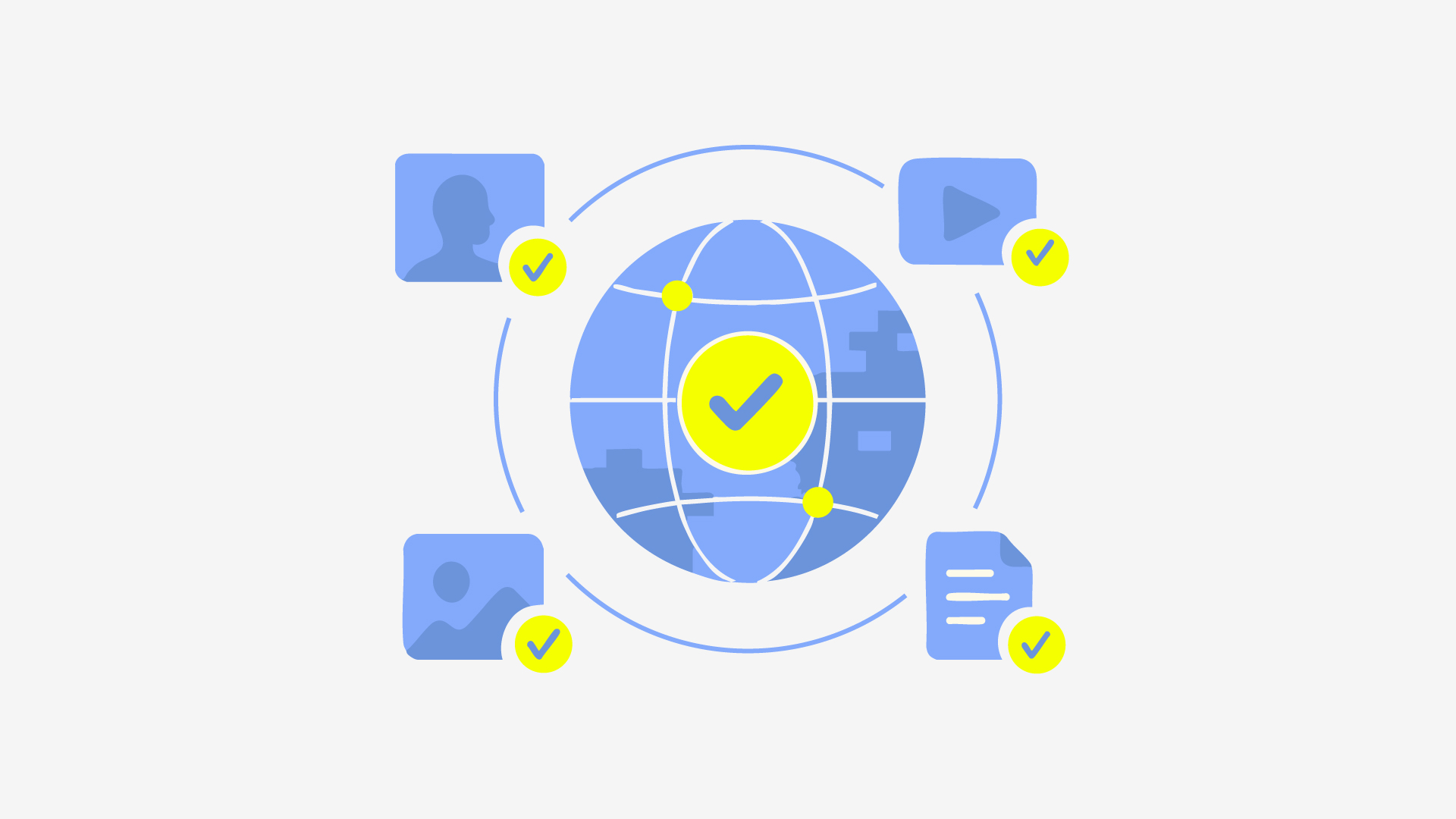 Illustration of a globe with a check mark at its centre, ringed by photo, video, image, and document cards that each carry a small check badge.