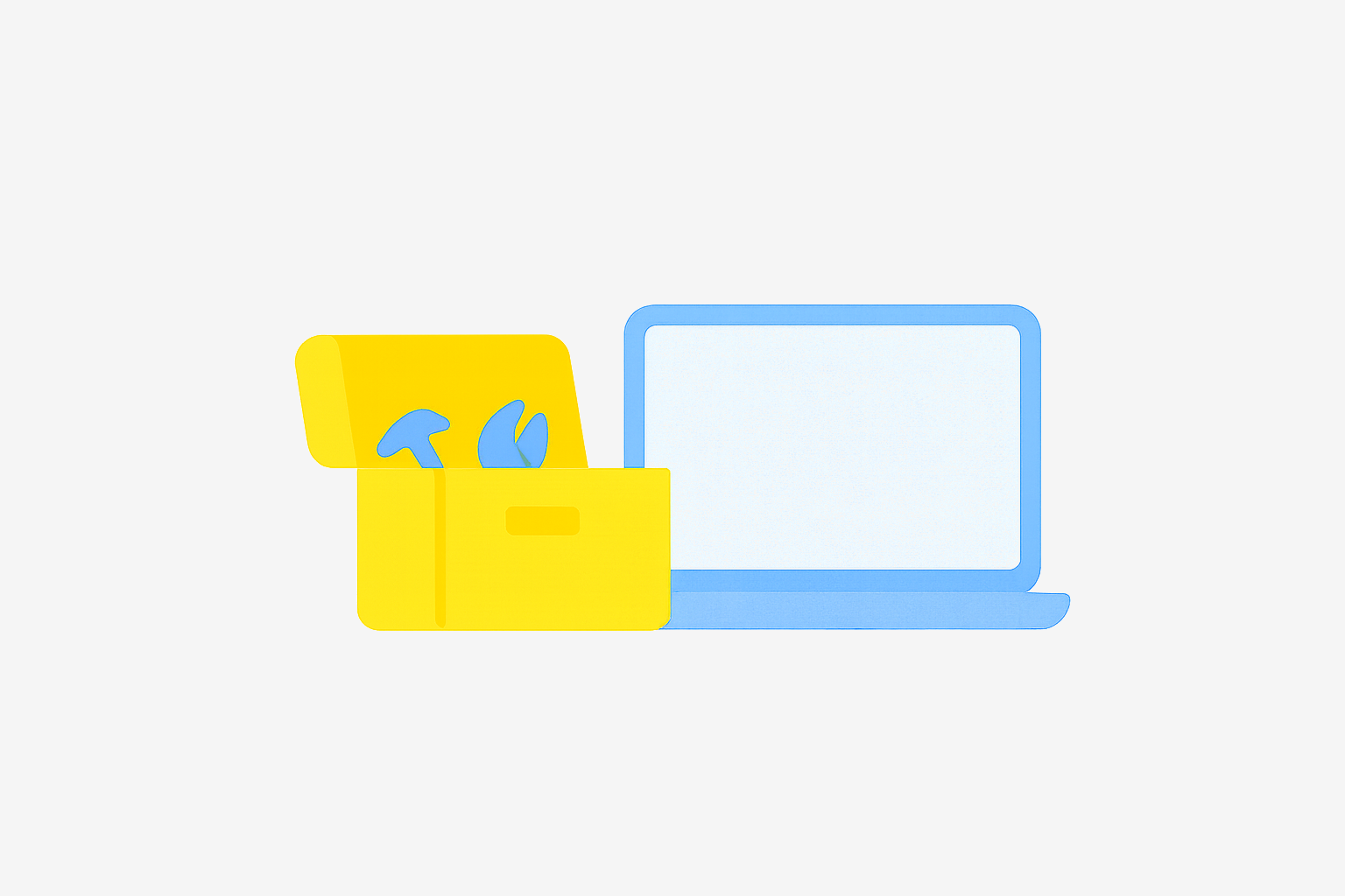 Open toolbox with hammer and pliers beside a laptop